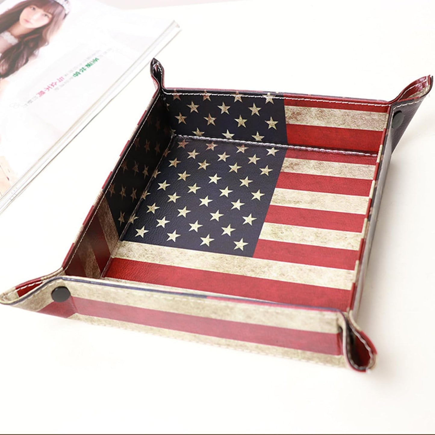 Vegan Leather Catchall Bedside Vanity Tray Nightstand Caddy Holder for Remote / Flag Design