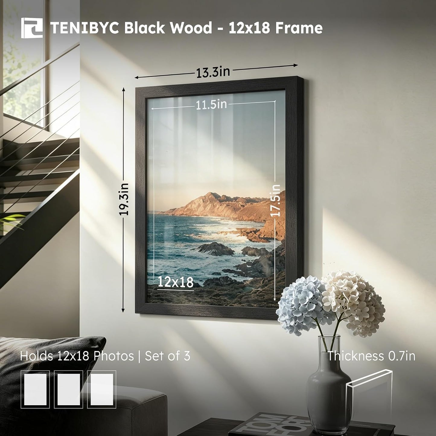 12x18 Poster Frame 3 Pack, Black Wood, Real Glass, Wall Hanging | Thick HD Tempered Glass, Large Movie Picture Frame