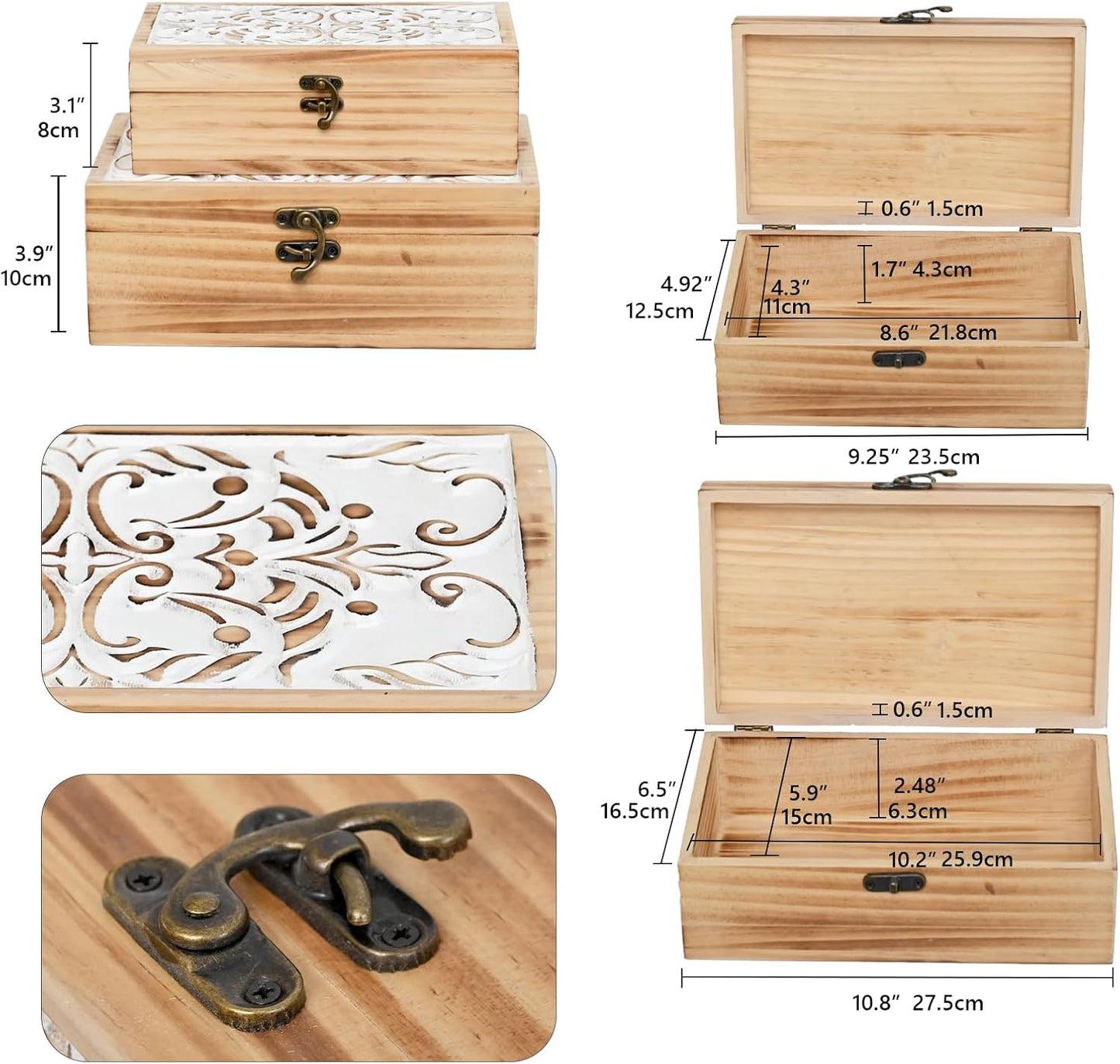 Hand Carved Floral Decorative Boxes / S&M / White&brown / Set of 2