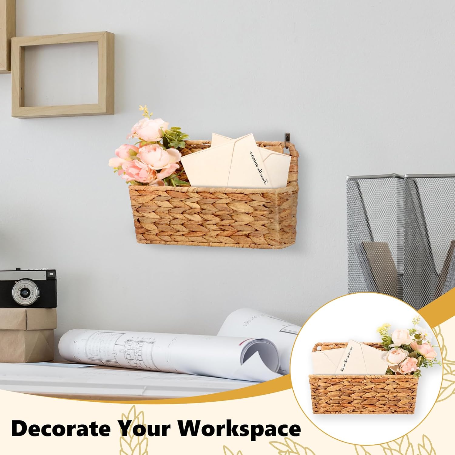 Woven Mail Holder Wall Mount Basket Rattan Wall Letter Holder Wicker Wall / 9.25 x 1.57 / Set of 2
