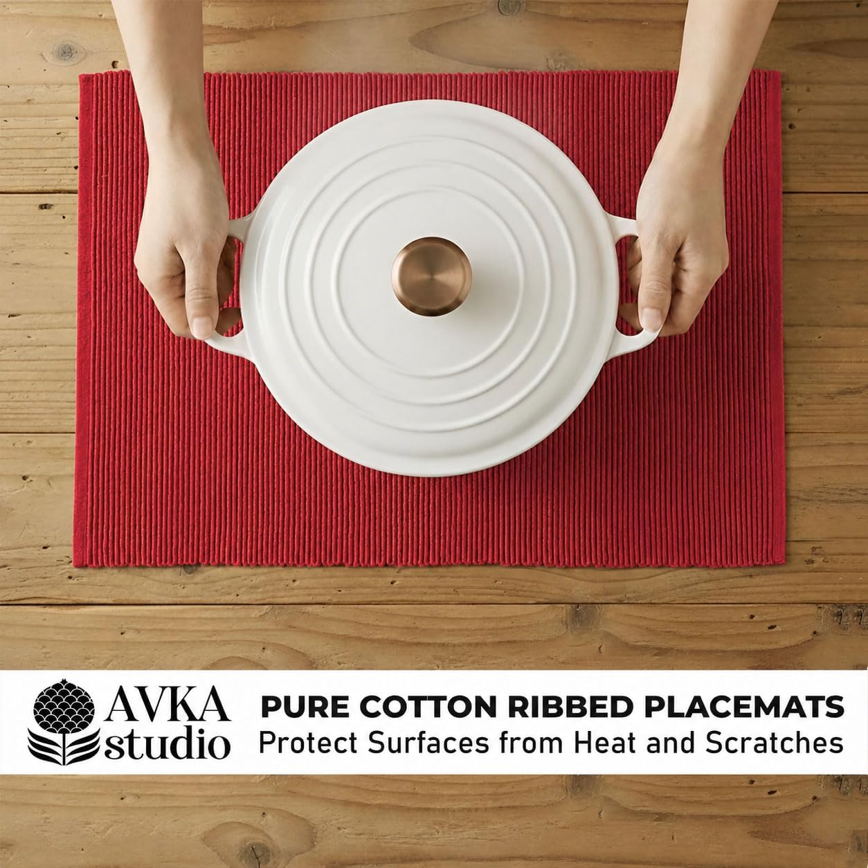 100% Cotton Ribbed Placemats - Set of 6-13 x 19 Inch - Red - Everyday/Christmas Fabric Table Mats - Thick Construction