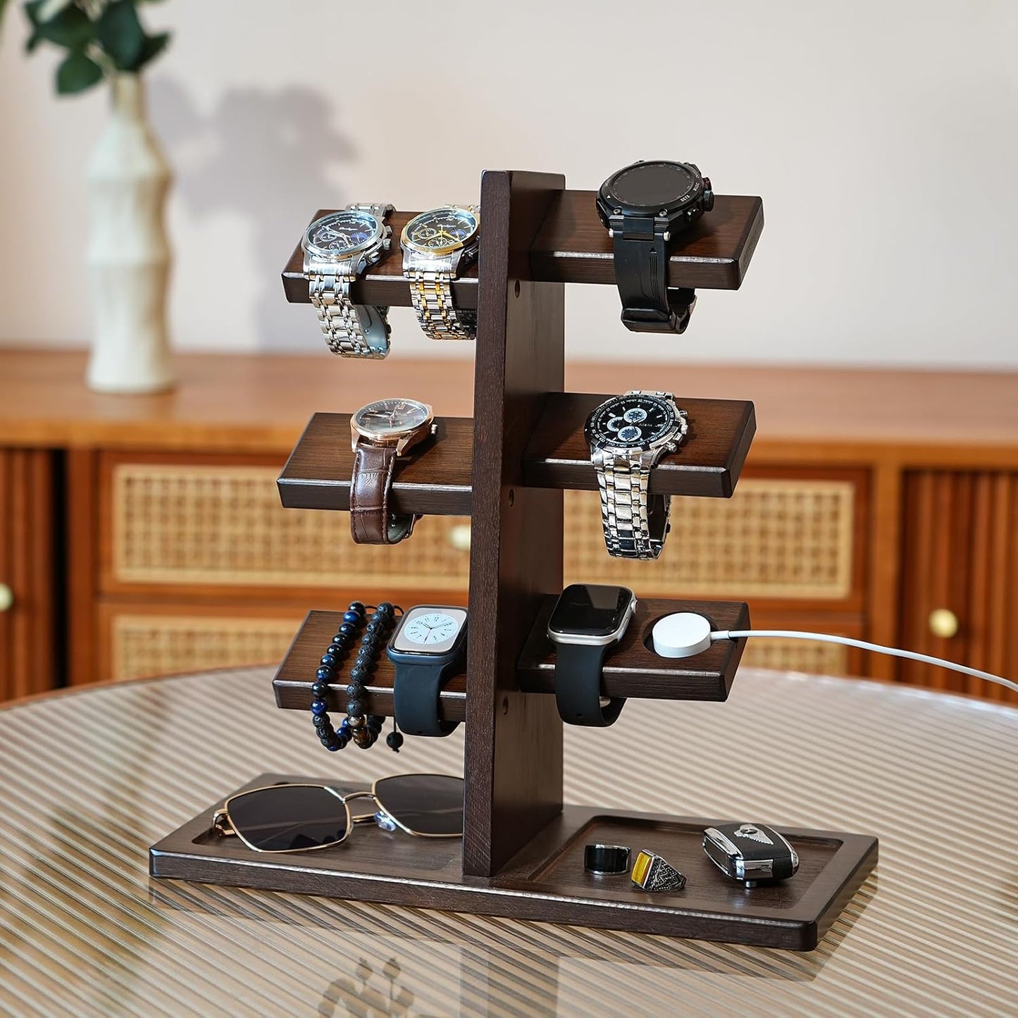 ikkle Watch Holder Stand with Charging Station Wooden Watch Display Tower Jewelry Organizer for Rings, Coins Bracelets