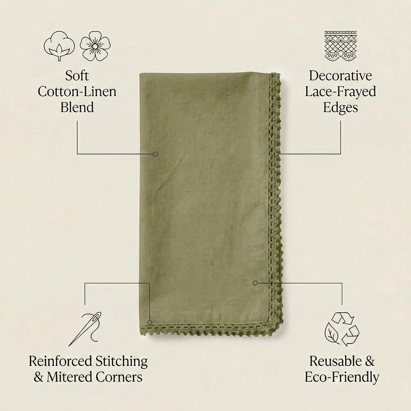 ACCENTHOME Olive Green Set of 12 18x18 inch Cotton Linen Dinner Napkins | Cotton Linen Blend Napkins, Machine Wash On