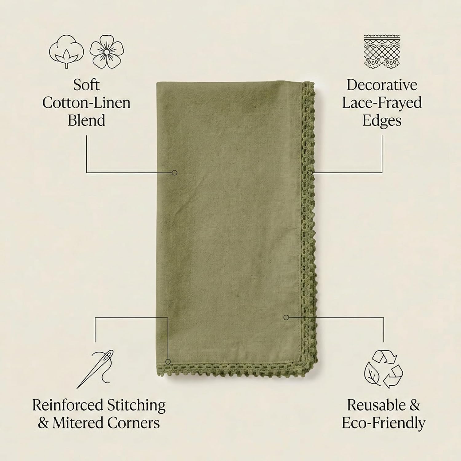 ACCENTHOME Olive Green Set of 12 18x18 inch Cotton Linen Dinner Napkins | Cotton Linen Blend Napkins, Machine Wash On