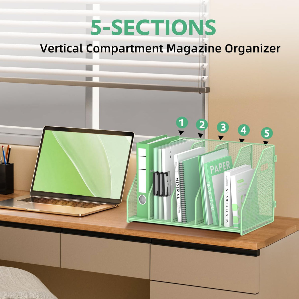 Binder Organizer, Magazine File Holder with 5 Vertical Compartments Rack, Metal Desk File Organizer & Binder Holders