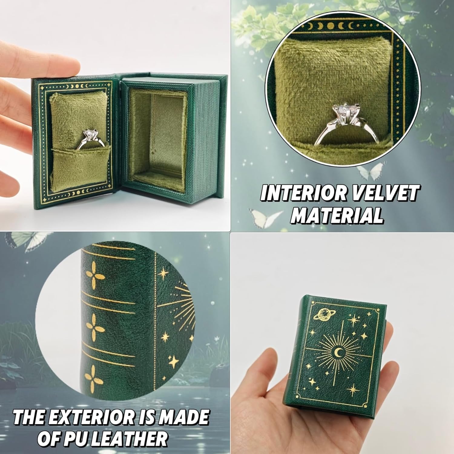 Vintage Magic Book-Shaped Ring Box Starry Sky Pattern PU Leather