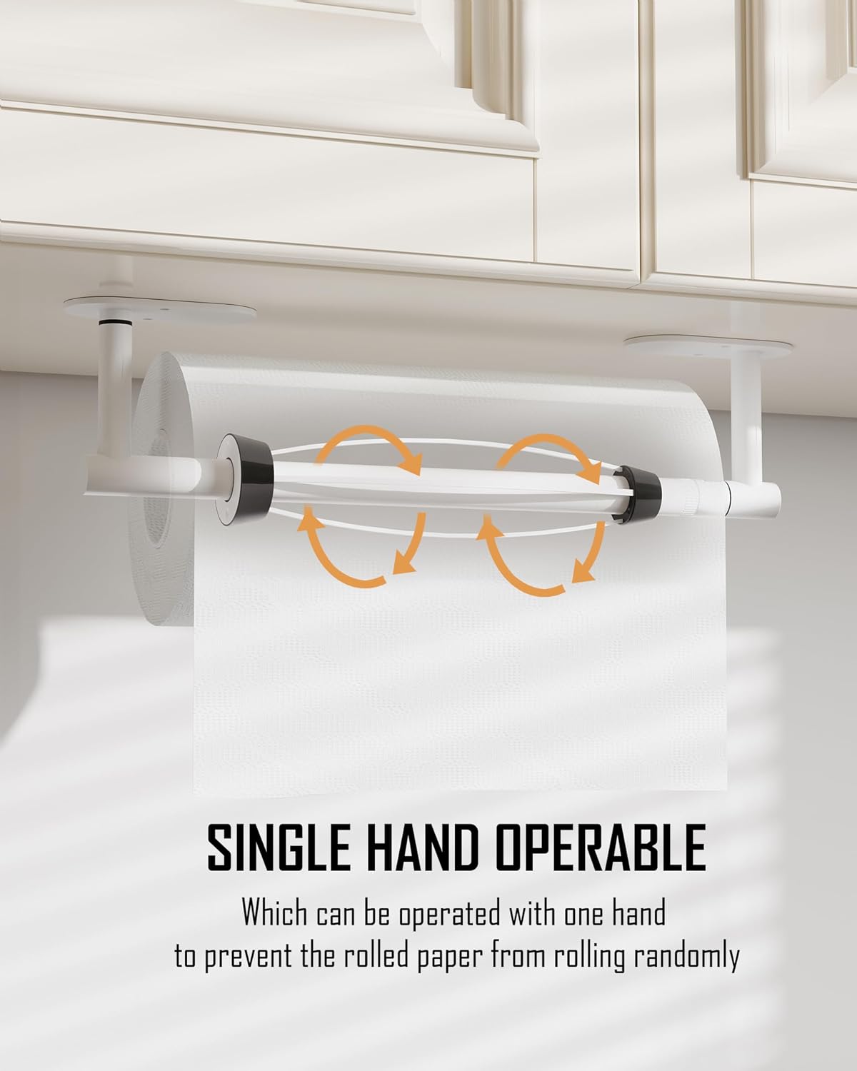 Paper Towel Holder Under Cabinet One Hand Operable, White | Round Base,Damping Effect, Drill Wall Mount or