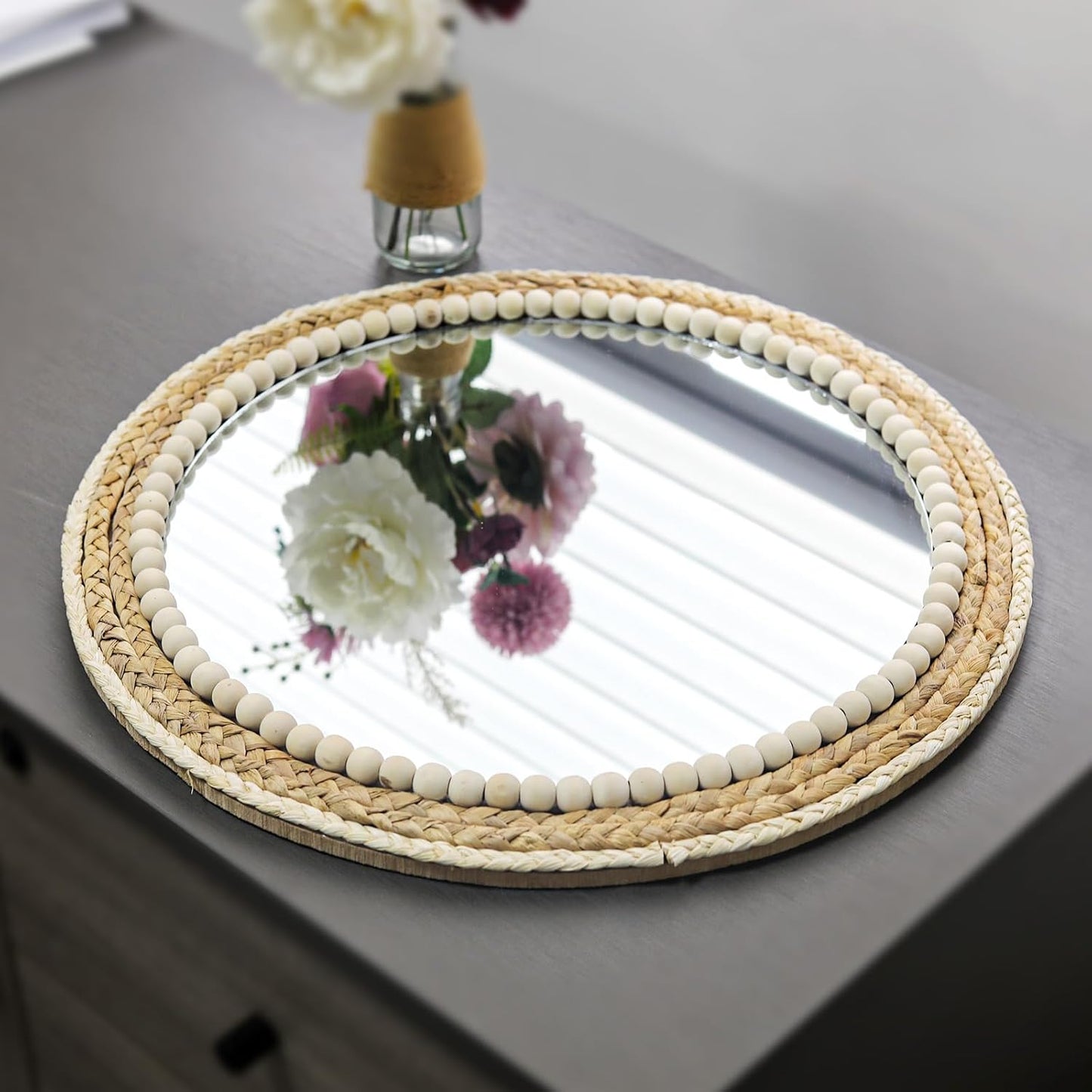 Boho Round Hanging Wall Mirror Decorative Rattan Circle Mirrors / 18 Inch Wood / 18 Inch
