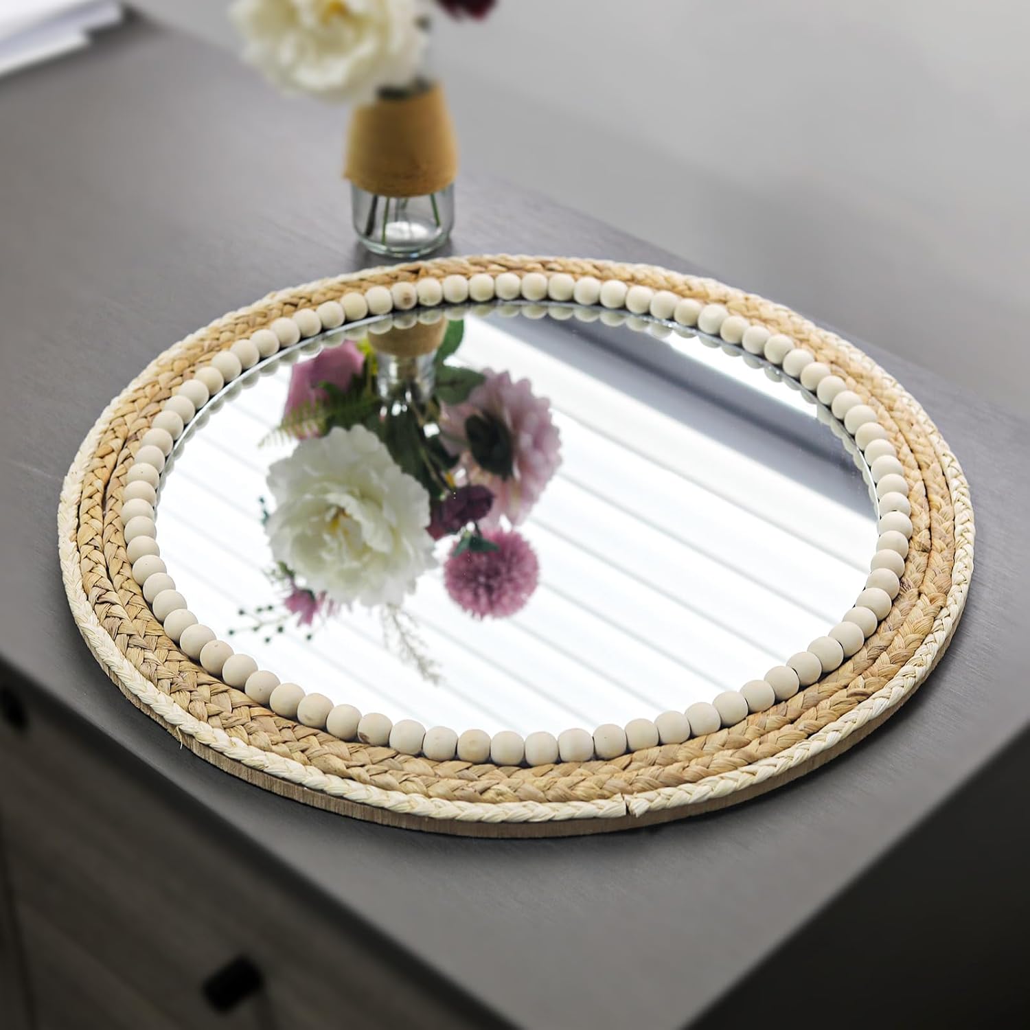 Boho Round Hanging Wall Mirror Decorative Rattan Circle Mirrors / 18 Inch Wood / 18 Inch