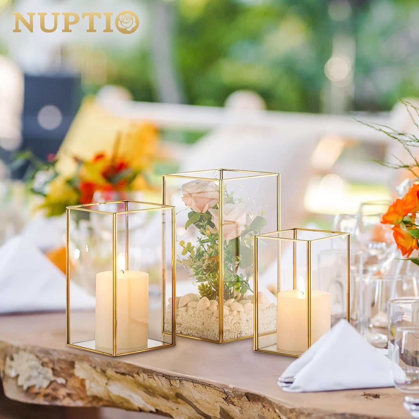 Nuptio Glass Hurricane Candle Holder Set of 3 Gold Pillar Candle Holders Large Rectangular Candleholder Table