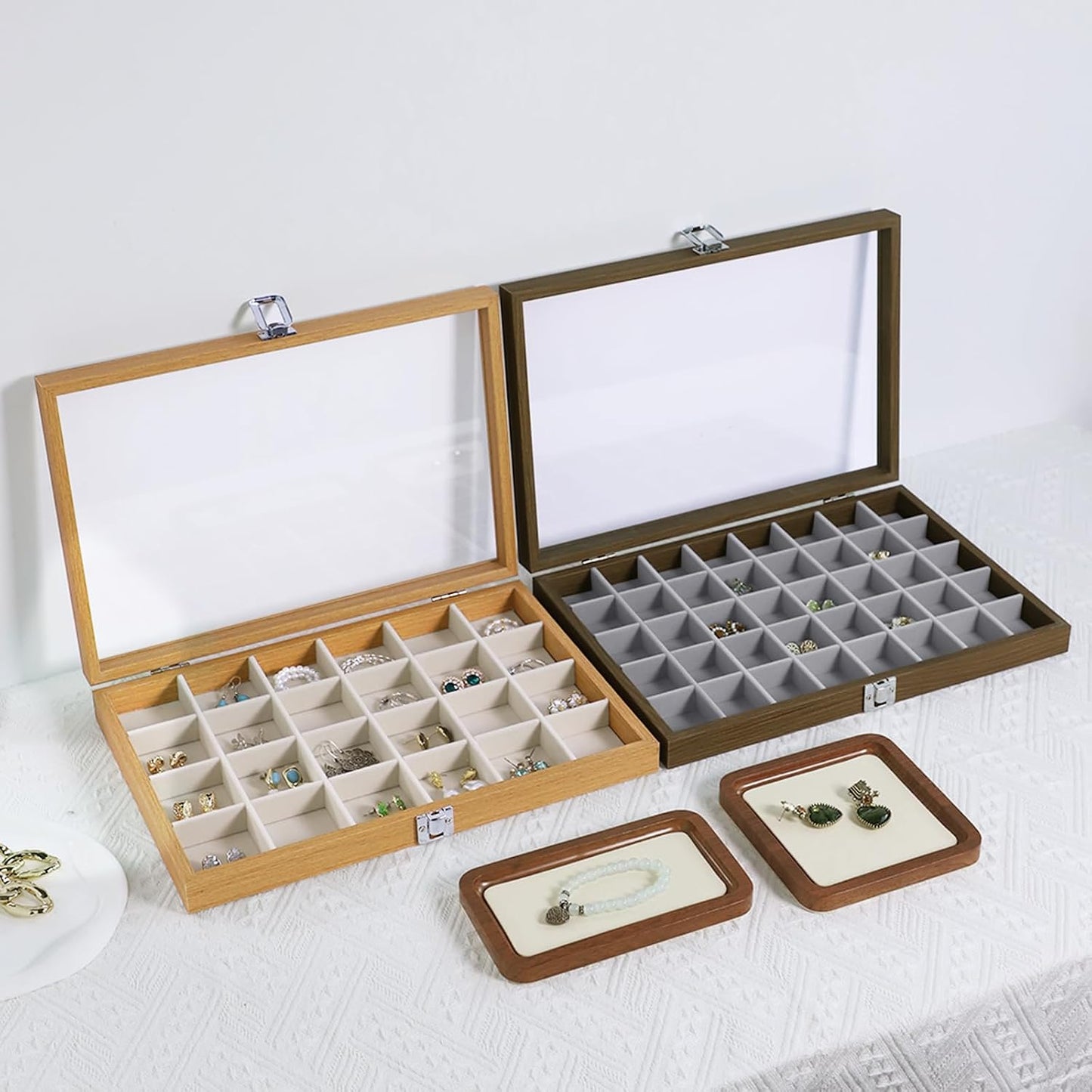 30 Grid Wood Jewelry Organizer / Beige / Set of 30