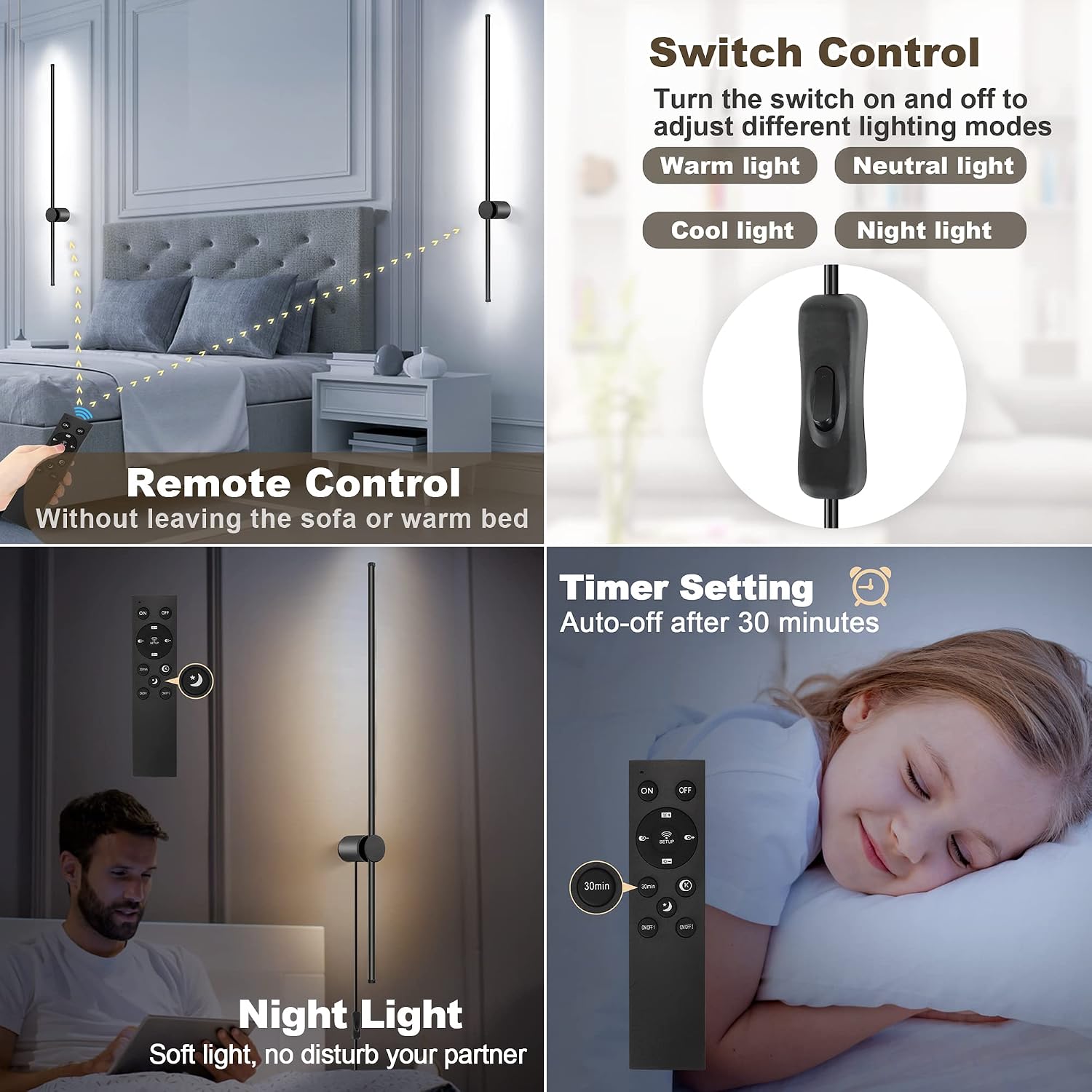 GOODATE Wall Sconces Set of Two with Remote, Stepless Colors 3000K-6500K & Stepless Dimming, Hardwire or Plug-in, 180°