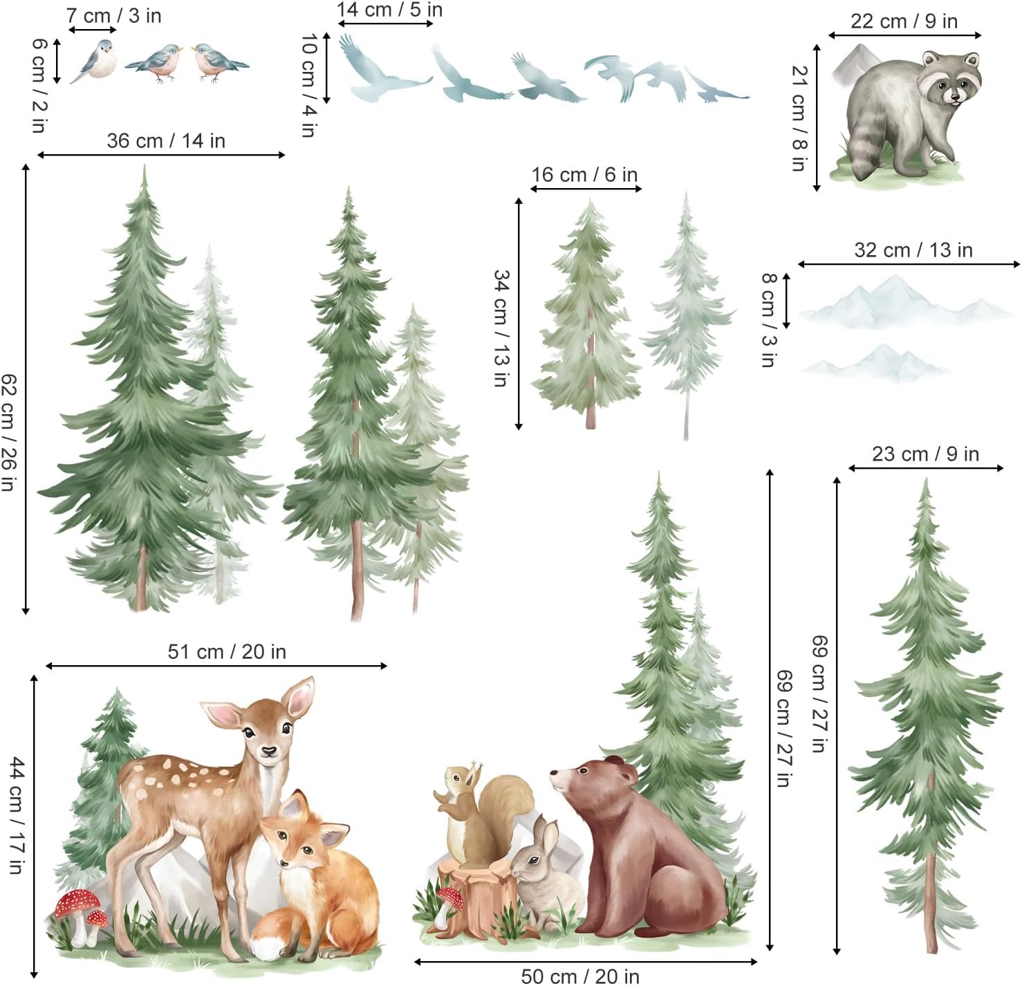 Mountain Tree Wall Stickers Large Pine Tree Forest Animal Bear Fox Peel and Stick Wall Art / A