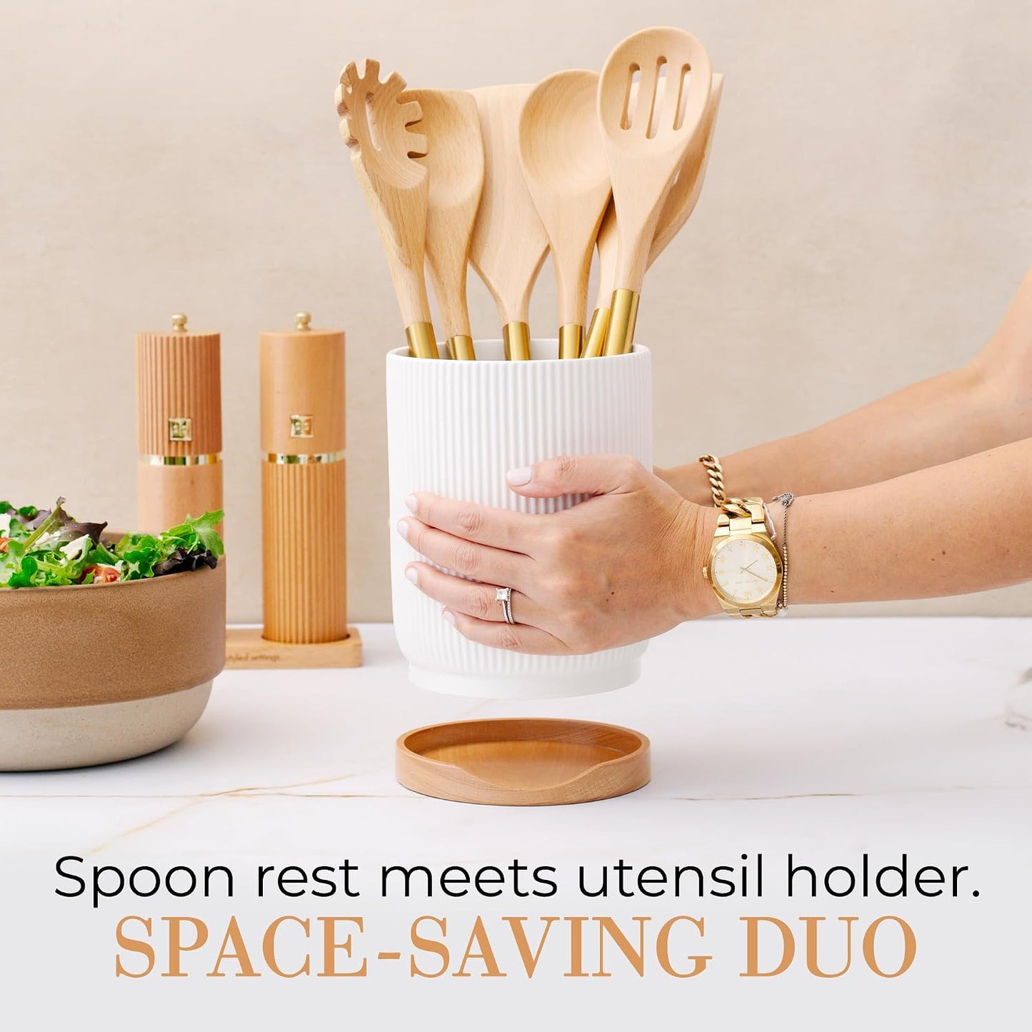STYLED SETTINGS White Ceramic Utensil Holder with Built-In Wooden Spoon | 2 Piece Set for Kitchen Countertop