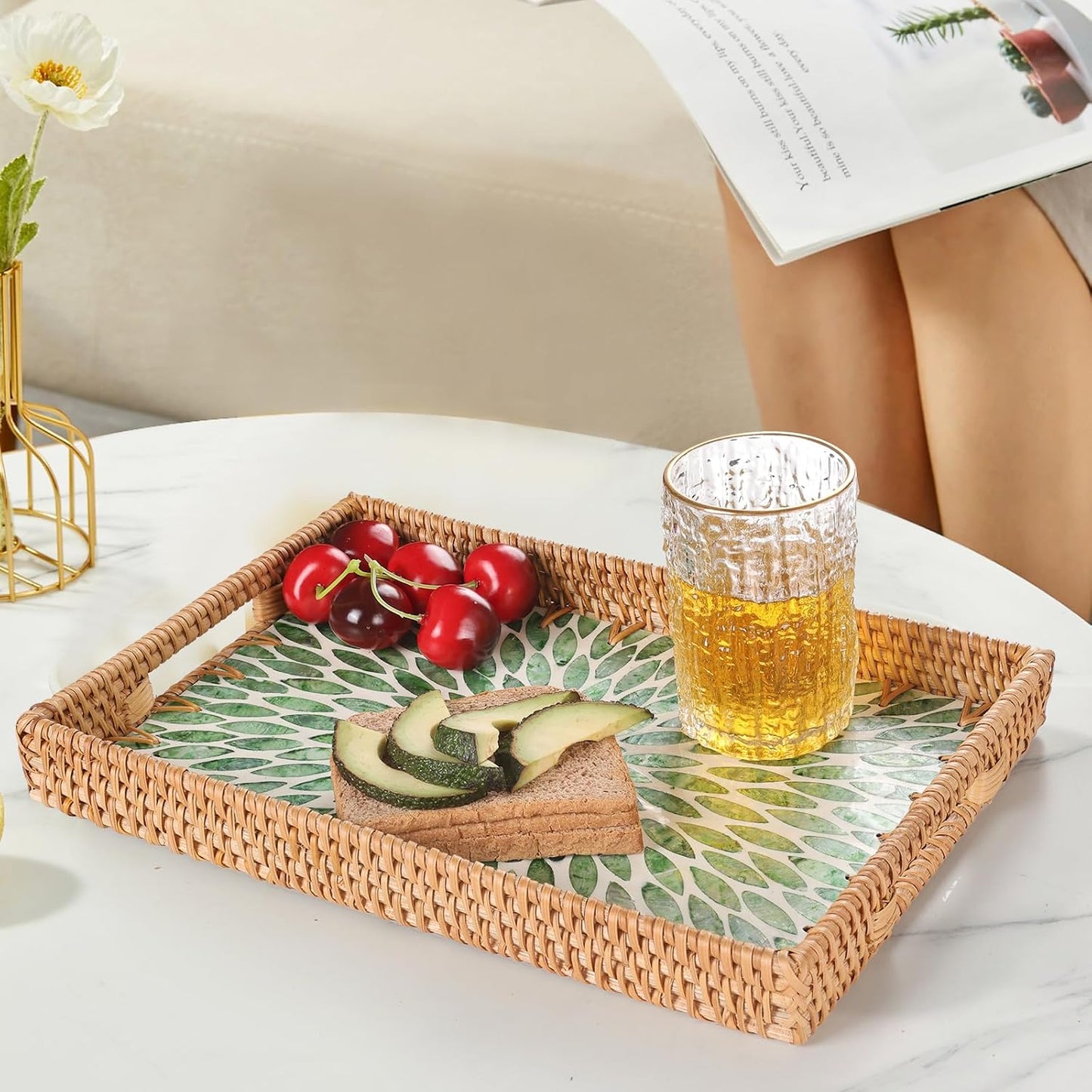 Rattan Serving Tray / Green Leaf