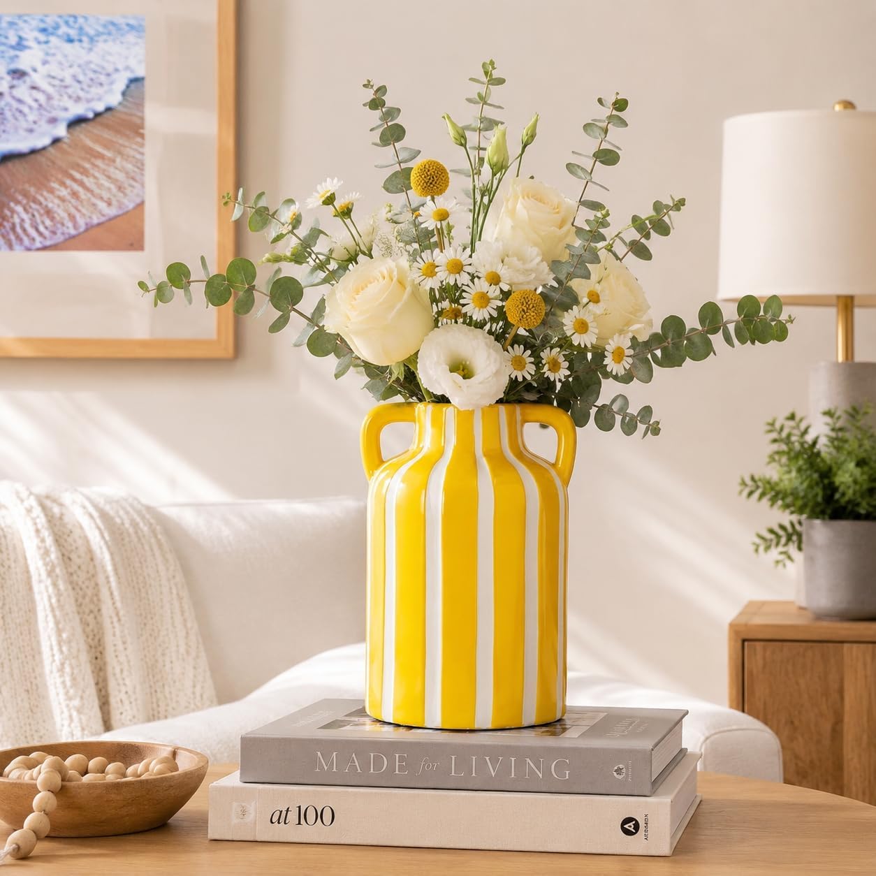 Yellow Ceramic Vase / Yellow and White