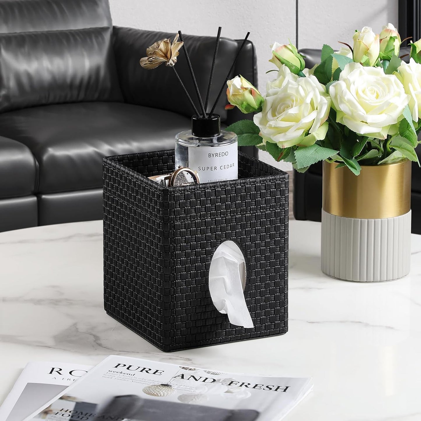 Storage Tray / Square Tissue Box Cover / Black Woven Pattern