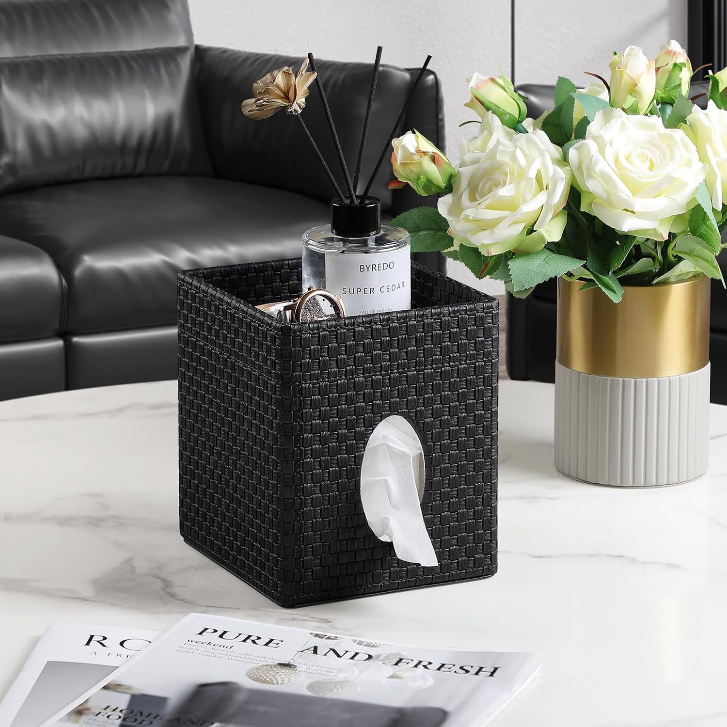Storage Tray / Square Tissue Box Cover / Black Woven Pattern