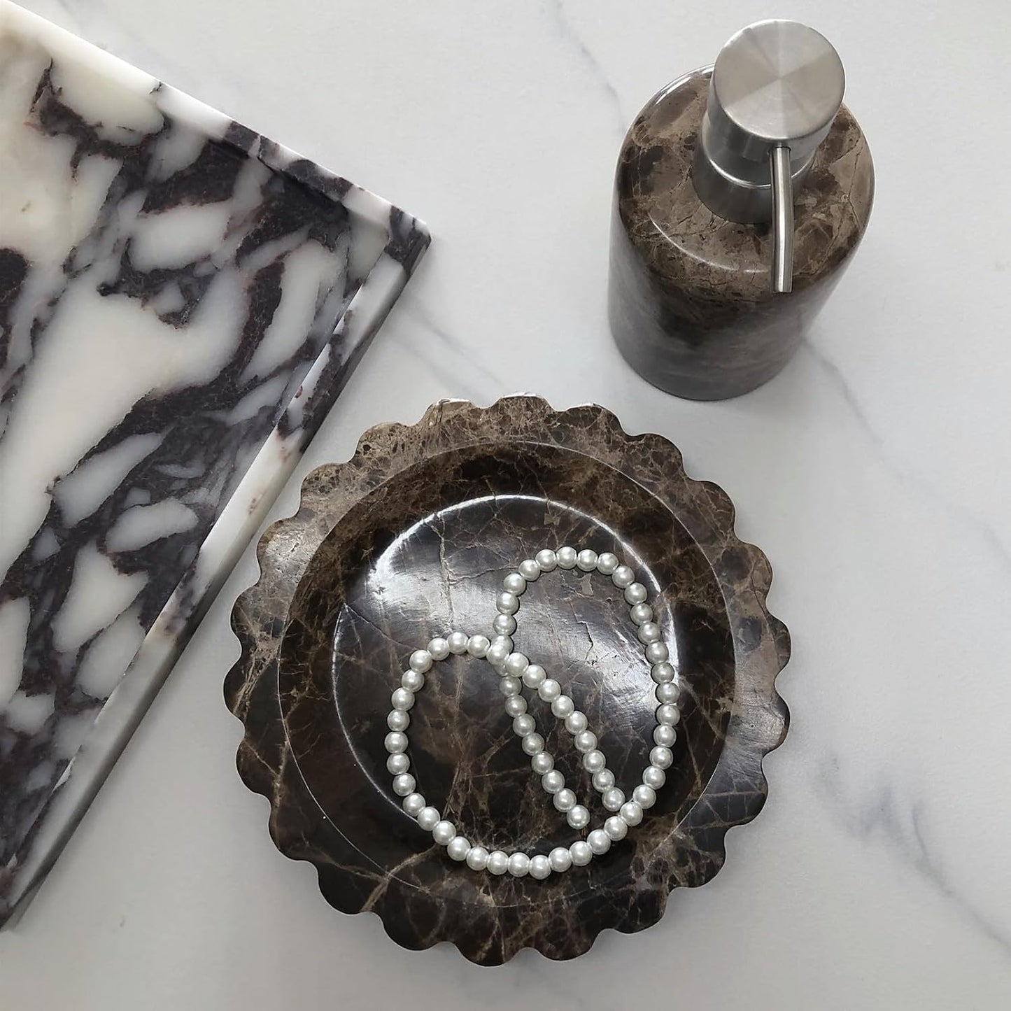 Marble Tray Round Scalloped Tray Small Serving Platter for Counter / Coffee Net