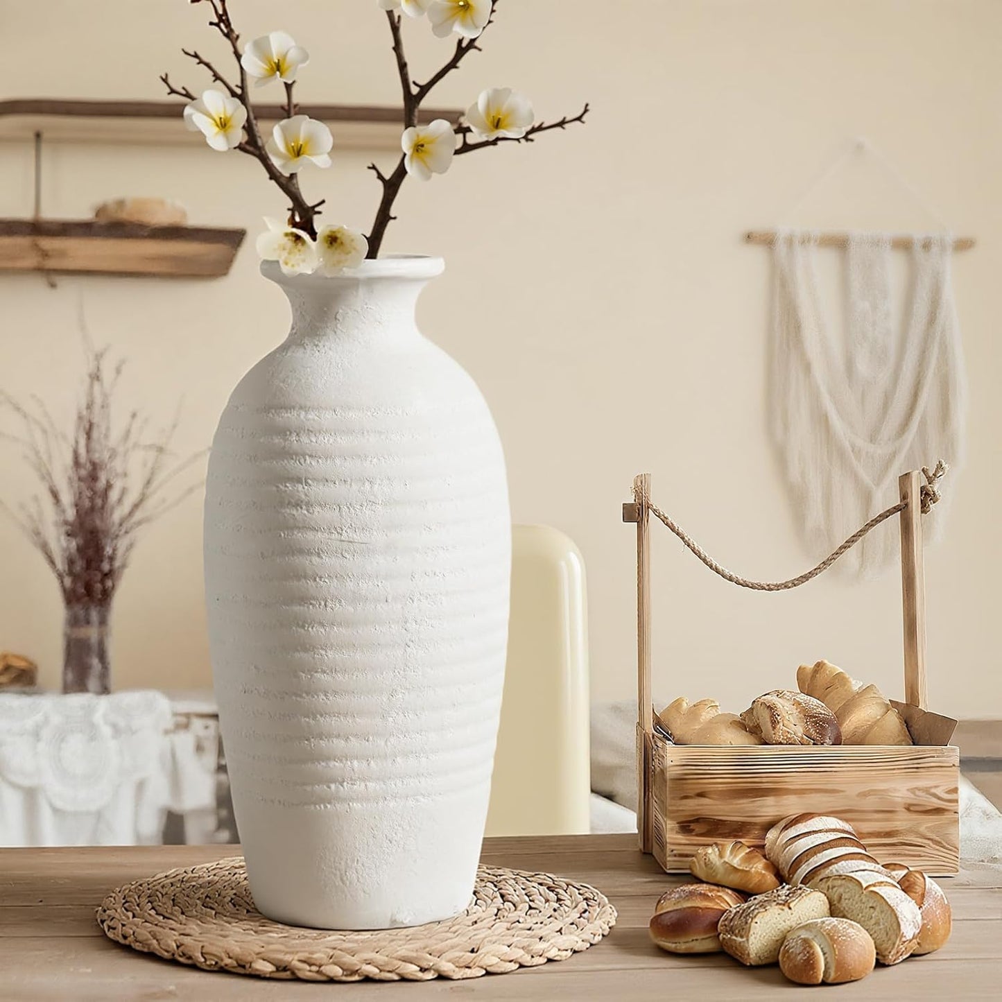 Rustic Ceramic Threaded White Vase / Off-white-14.4"tall