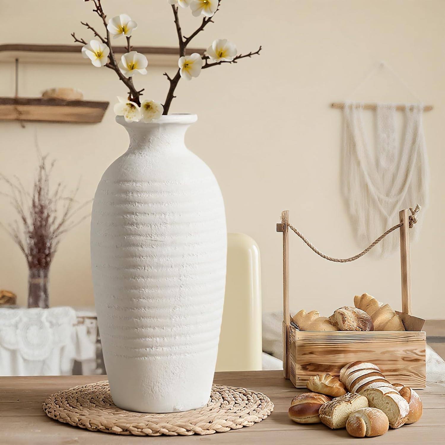 Rustic Ceramic Threaded White Vase / Off-white-14.4"tall