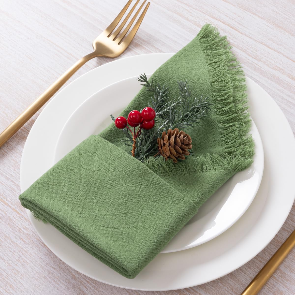 DeZerlor Sage Green Summer Cotton Linen Washable Cloth Napkins Set of 12 | Reusable Boho Handmade Table Napkins Bulk
