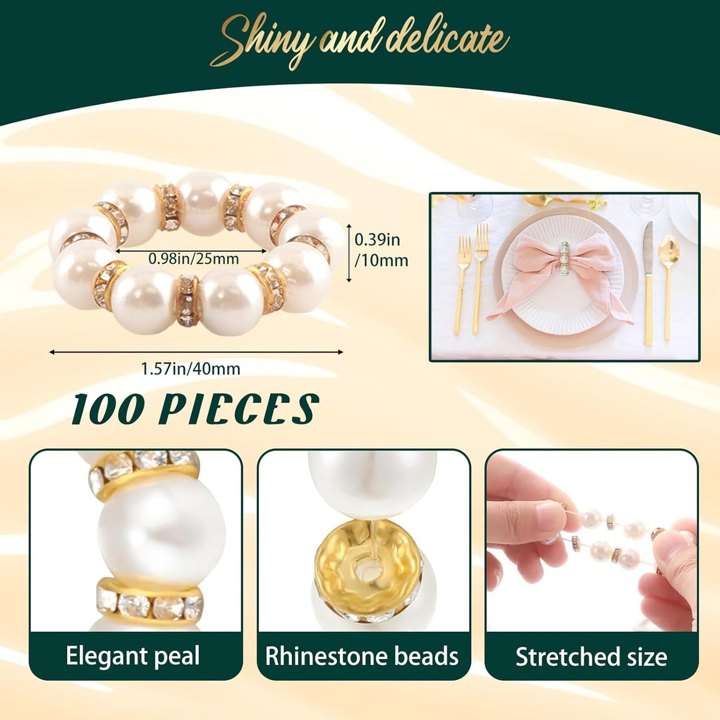 100Pcs Gold Disposable Napkin Rings Imitation Pearl Ring Napkin Holder Delicate White&Gold Beaded Serviette Buckles for