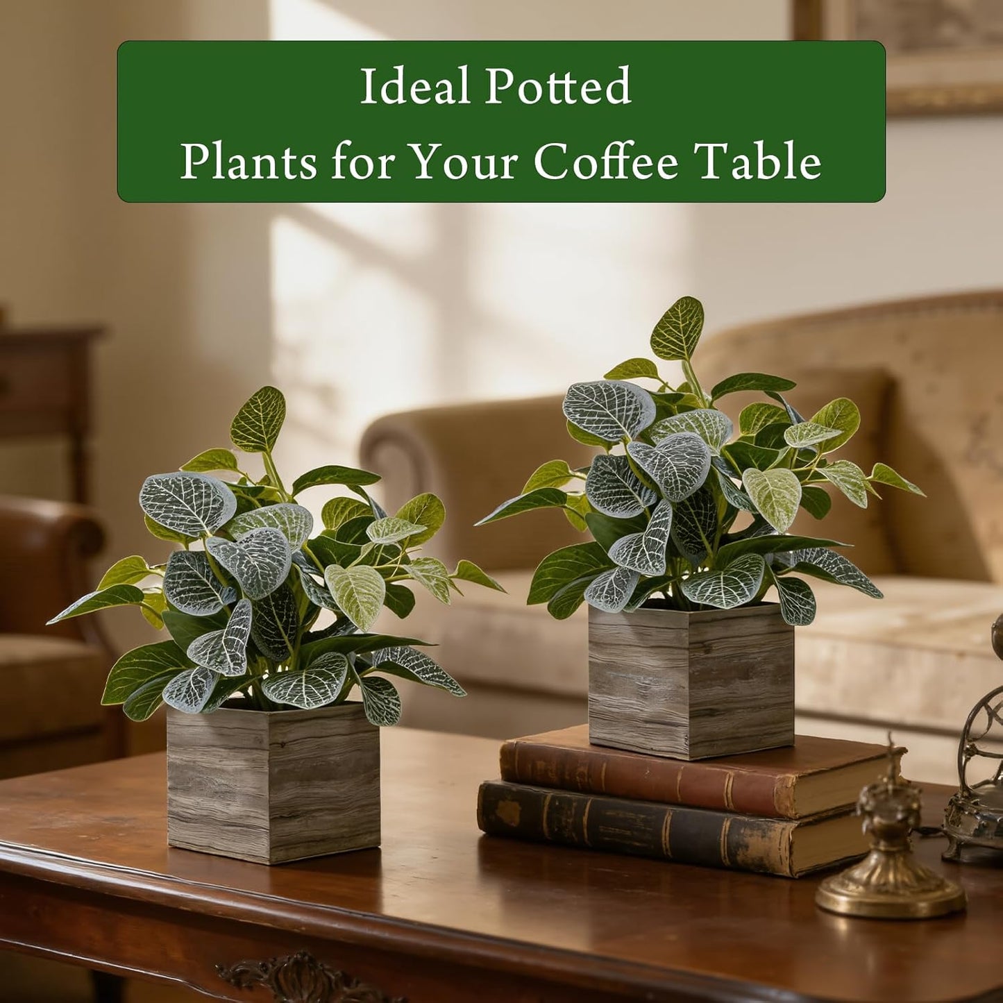 Wooden Planters / Faux Potted Silk Plants / Eucalyptus / 4 Inch / Set of 2