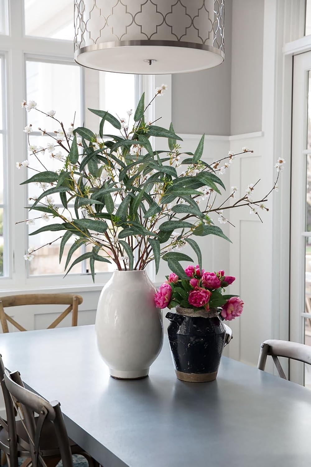 Faux Eucalyptus Stems Willow Eucalyptus Leaves 34" Long Fake Salix / Green with Seed / Set of 3