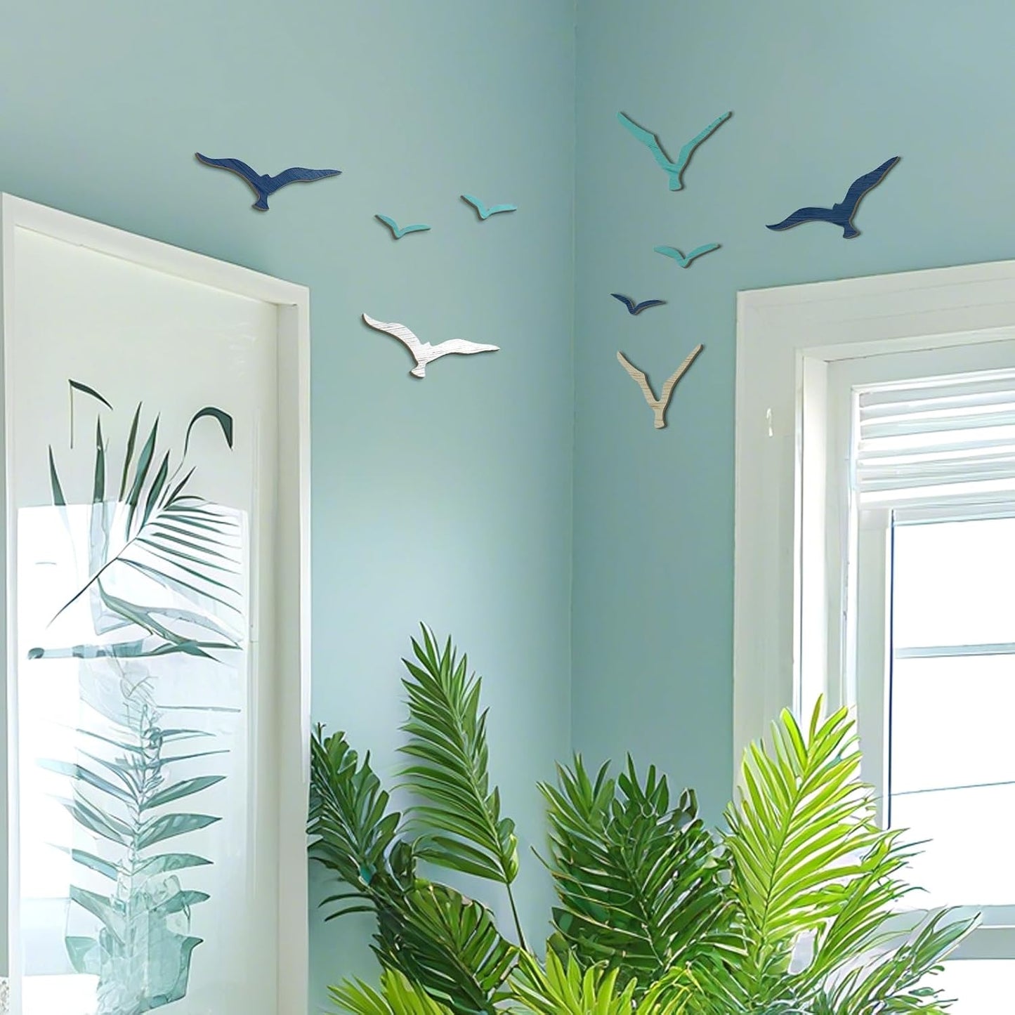 Wooden Seagull Wall Decor Nautical Theme Beach Coastal Art Small / Brown Blue White / Set of 11