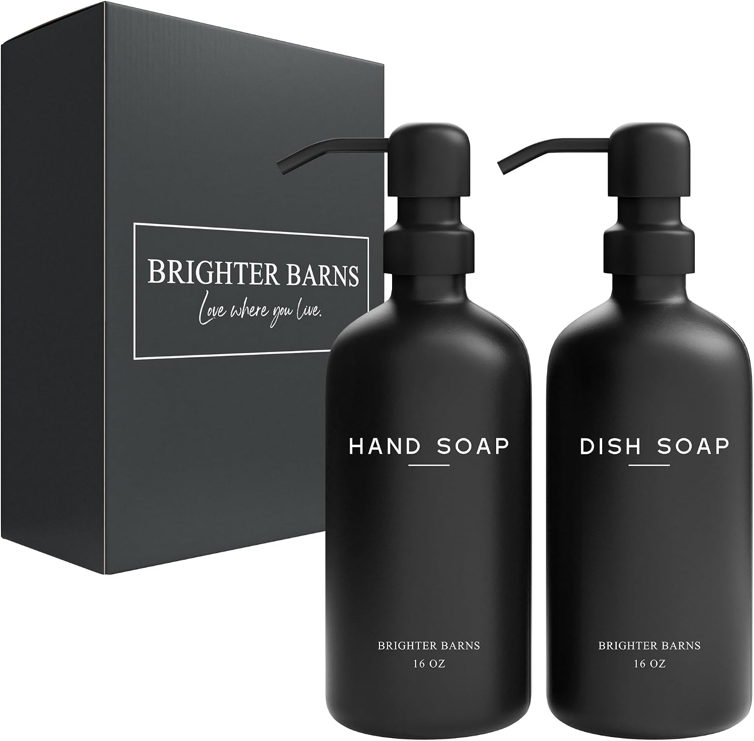 Black Glass Hand and Dish Soap Dispenser Set by Brighter Barns - Kitchen Soap Dispenser Set & Pump - Glass Bottles for