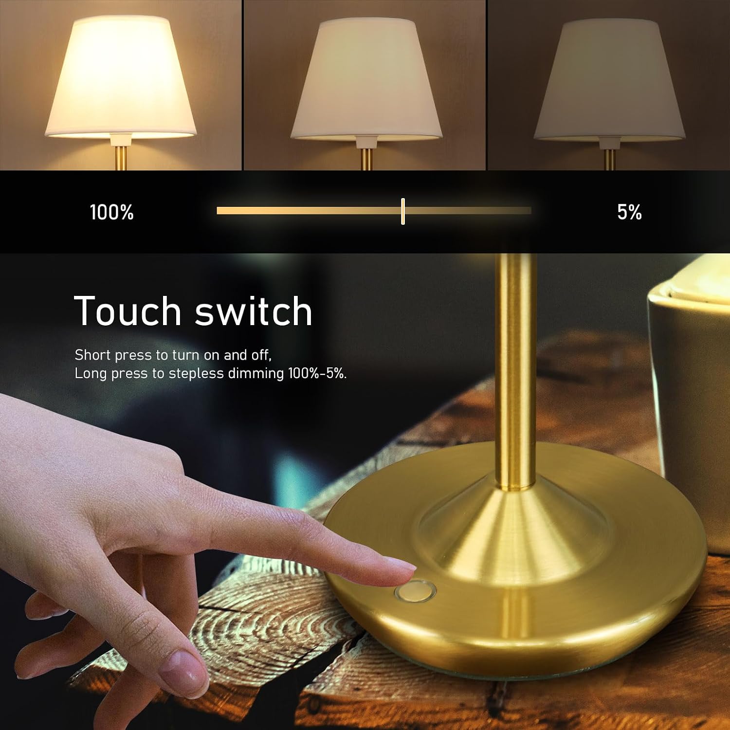 Cordless Table Lamp Portable Small LED Touch Lamp with Dimmer, 18" 2700K Rechargeable Battery Light for Bedside, Dining