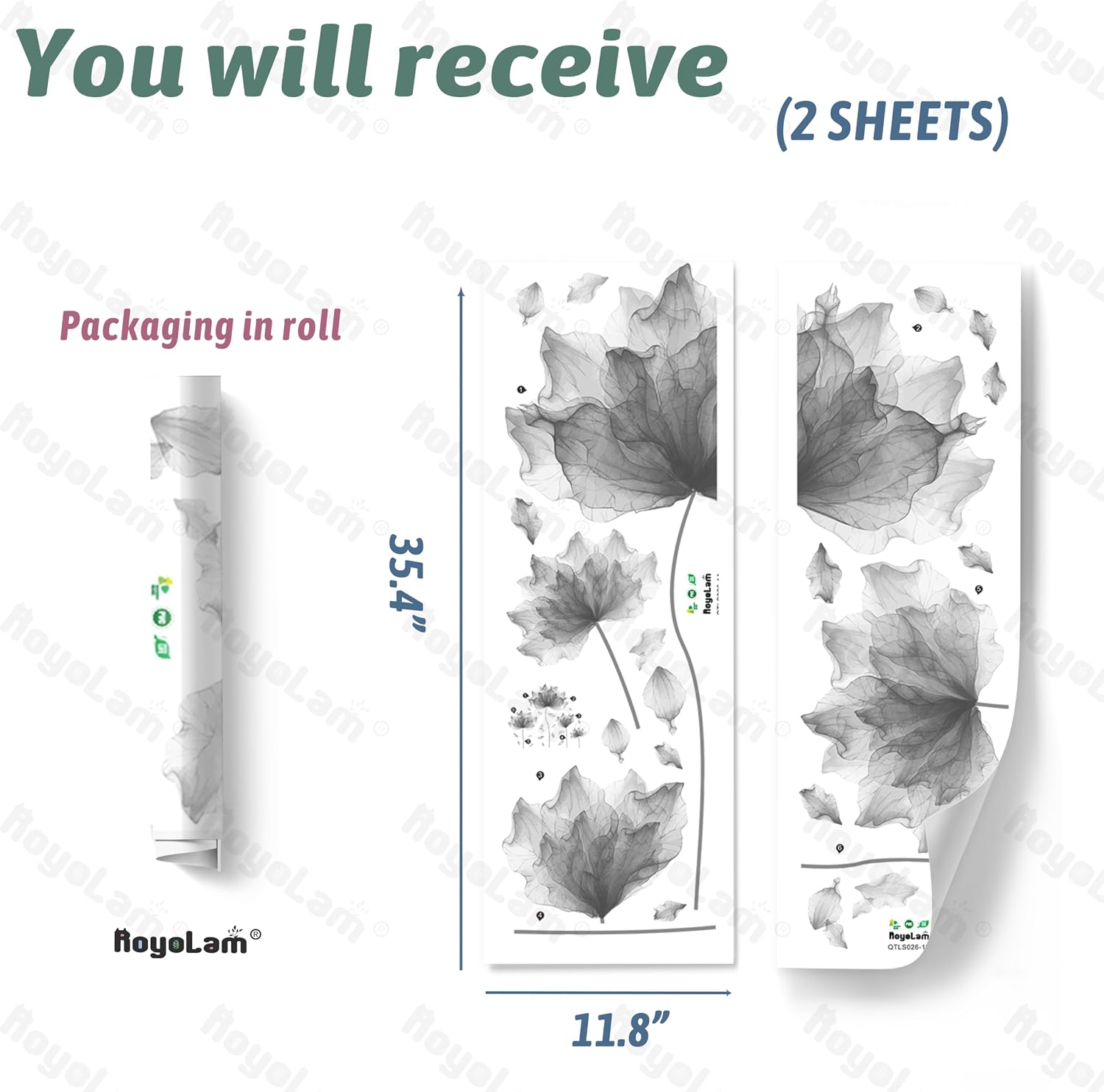 Huge Flower Petal Wall Decals Living Room Floral Wall Stickers Removable Peel / Gray / 39.3'' x 32.6