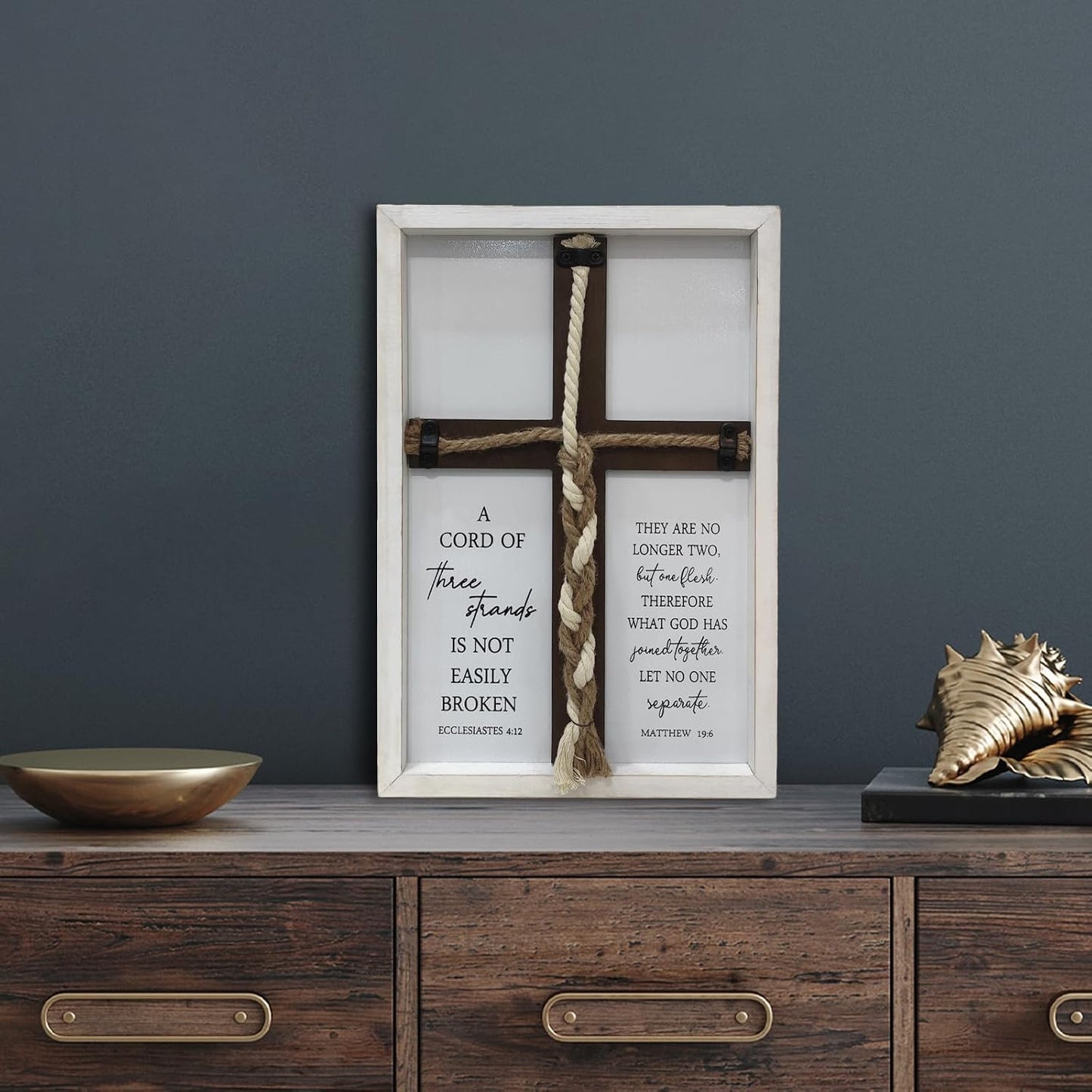 A Cord of Three Strands Wedding Ceremony Wall Decor " Sand Unity Knot Braid / White Cross / 15 x 10