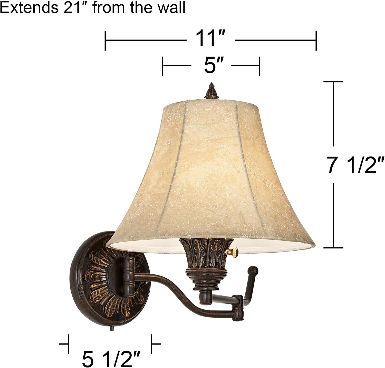 Rosslyn Bronze Plug-In Swing Arm Wall Lamps Set of 2 Rustic Light Fixture | French Country Faux Leather Bell Shade for