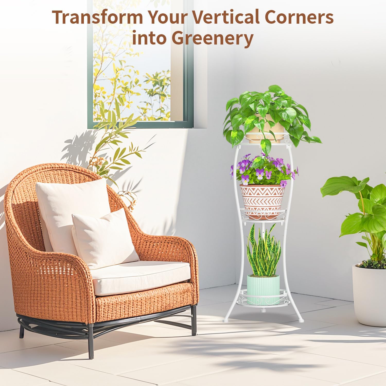 LASZOLA 3 Tiers Metal Corner Plant Flower Stand Tall Indoor Outdoor, White | Heavy Duty Small Holder Shelf for Multiple