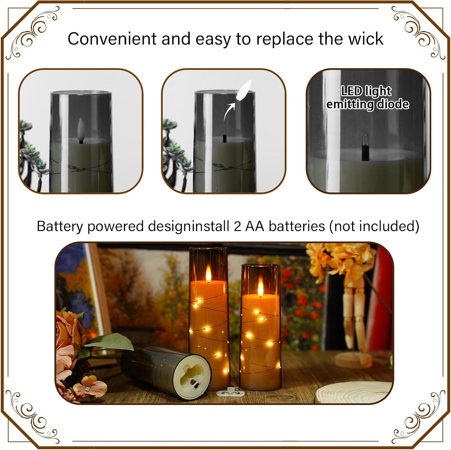 Nimiko Flickering Flameless LED Candles, 9 Pcs with Embedded Star String, Acrylic LED Pillar Candles with Remote