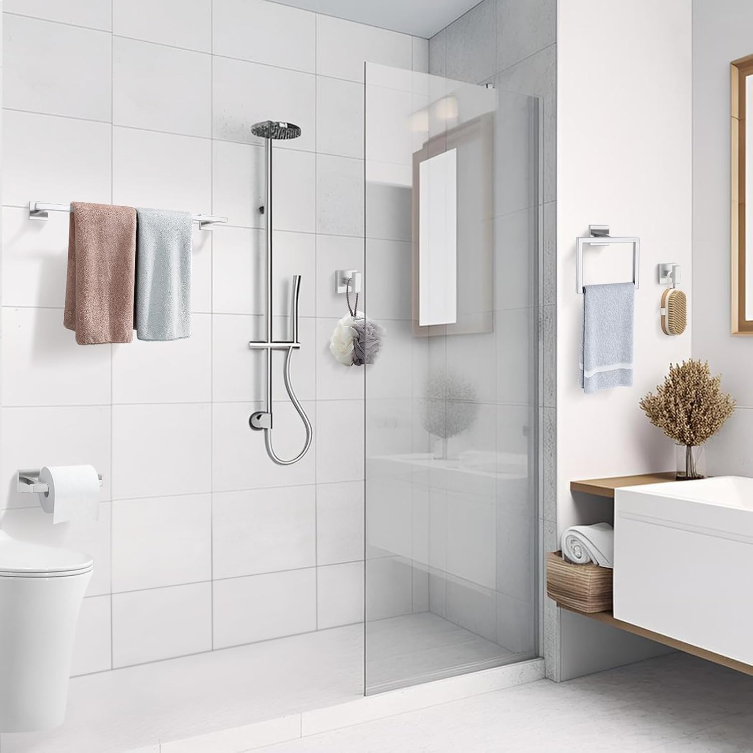 TQKAG 5-Piece Bathroom Hardware Set, Brushed Nickel Classic Wall Mounted | SUS304 Stainless Steel, Towel Bar Set, Towel