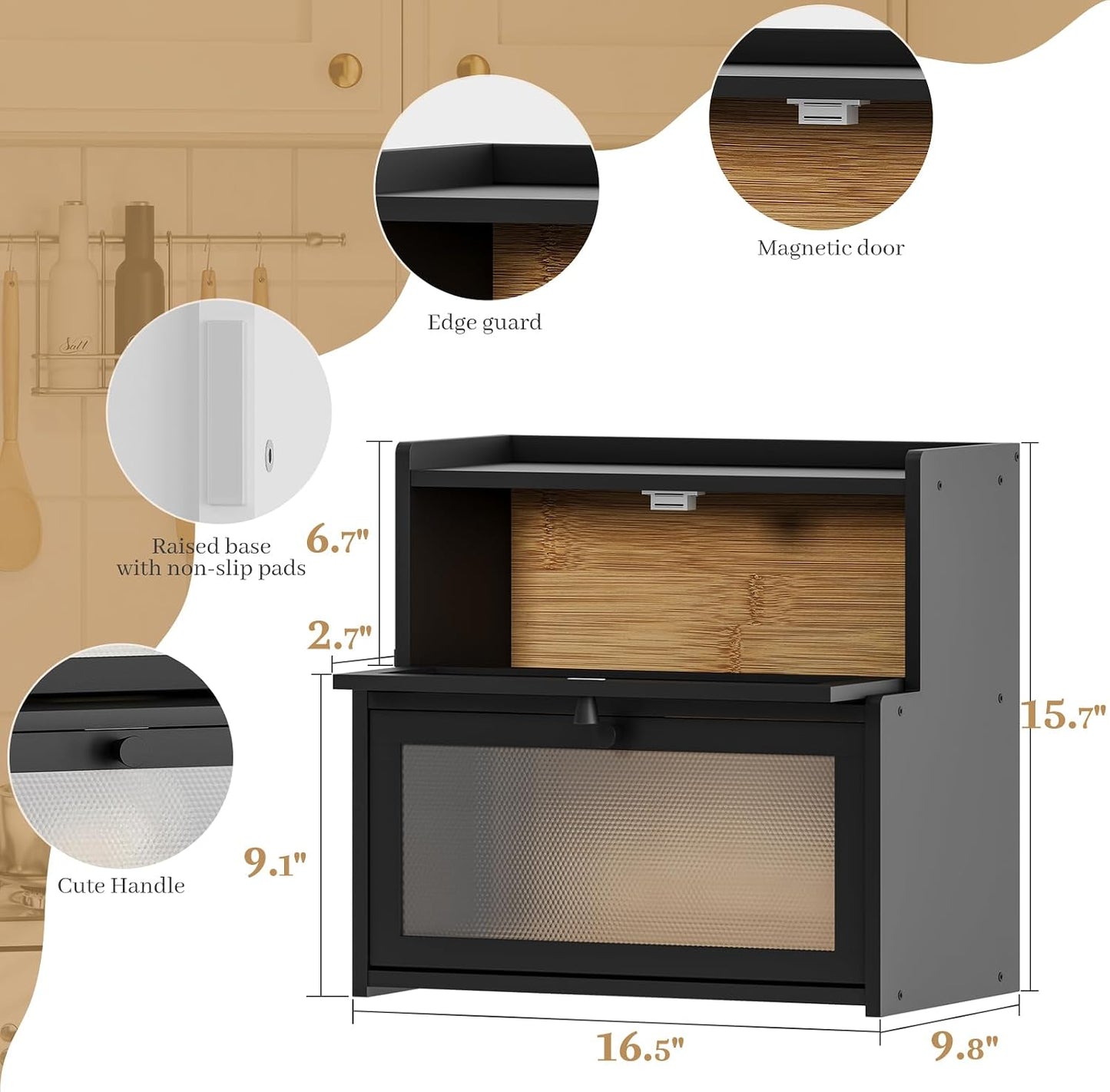 Bread Box for Kitchen Countertop, Large Bamboo Bread Storage Container with Double Layer, Bread Holder for Homemade