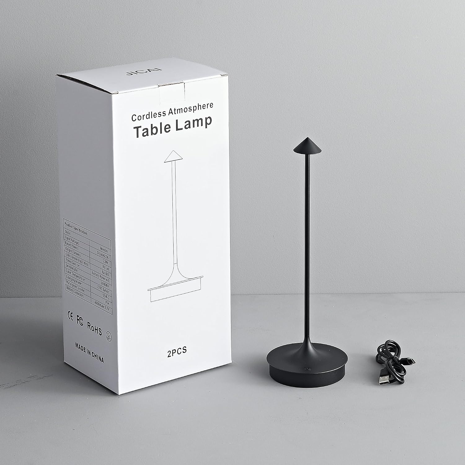Cordless Table Lamps Rechargeable, Black 2PC | LED Desk Lamp 4000mAh Battery Operated Outdoor Waterproof Portable Touch