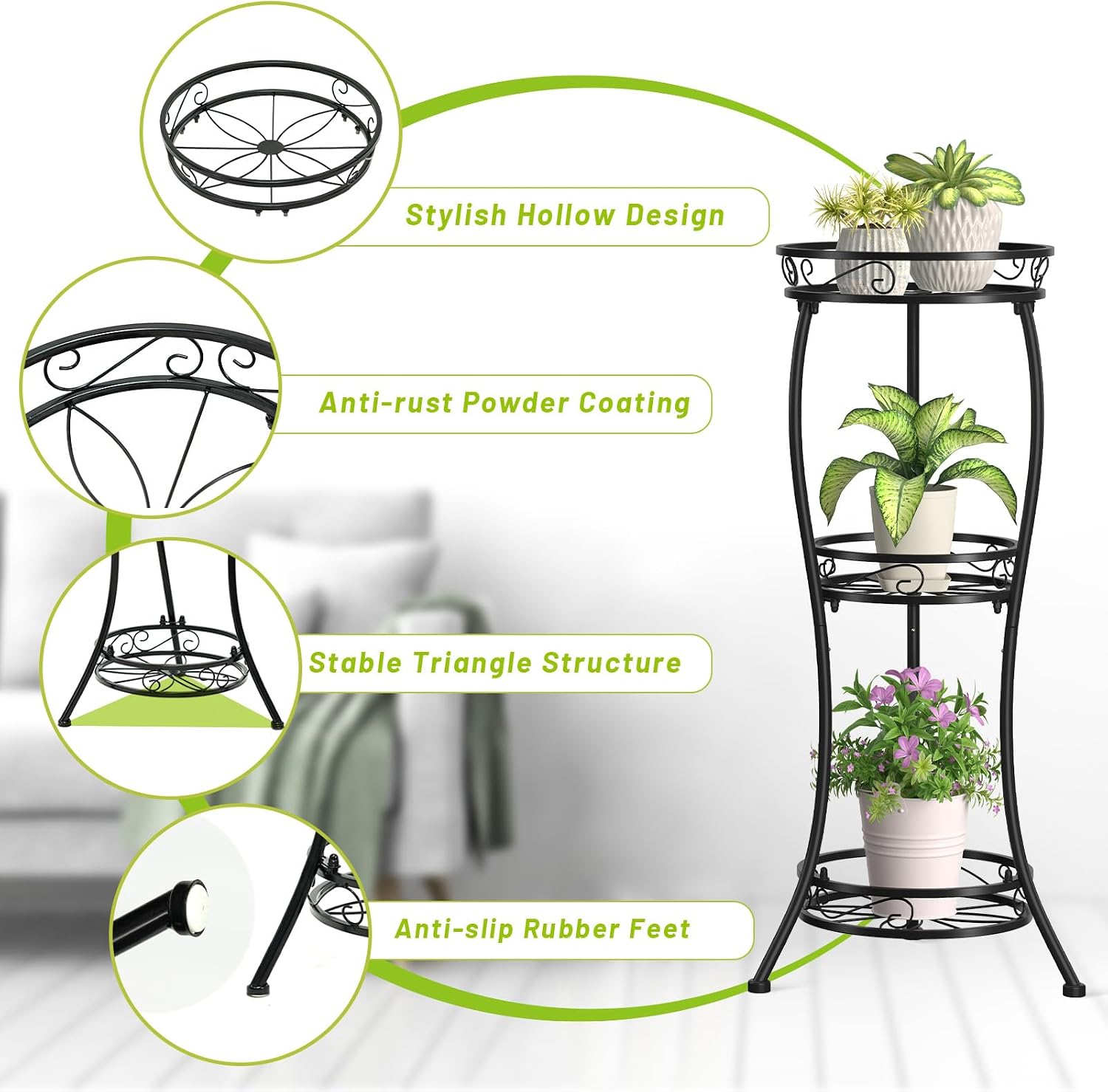 KMOTASUO 3 Tier Metal Plant Stand Tall for Indoor Outdoor Corner, Modern Black