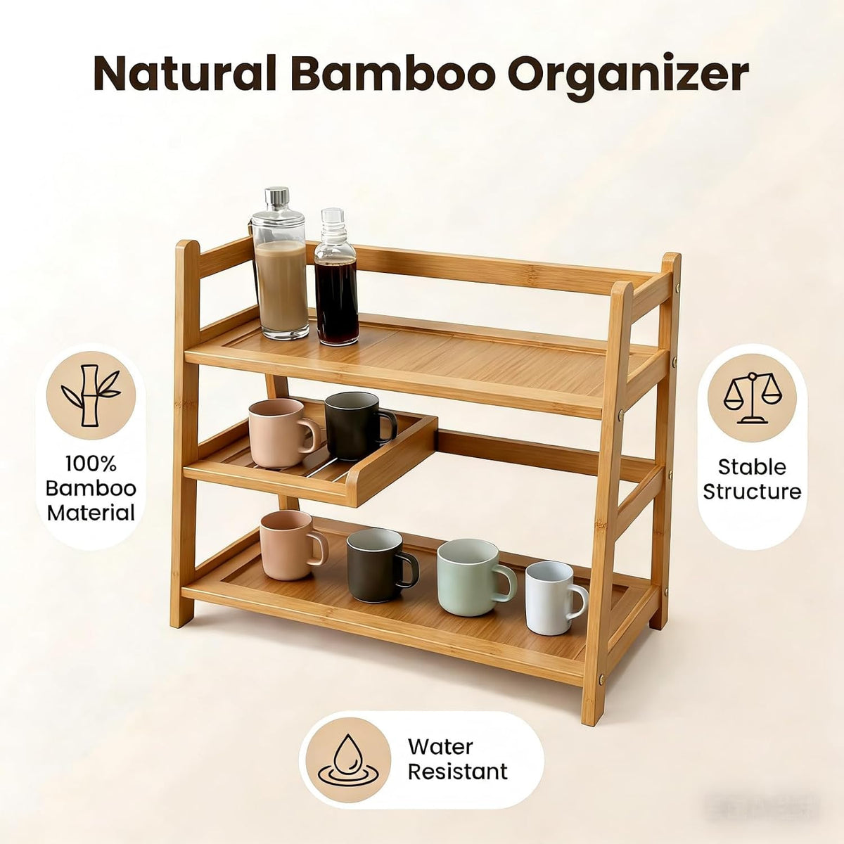 3 Tier Bamboo Matcha Station, coffee station organizer Shelf | for Kitchen Countertop, Tea Bar - Matcha Powder, Tools &