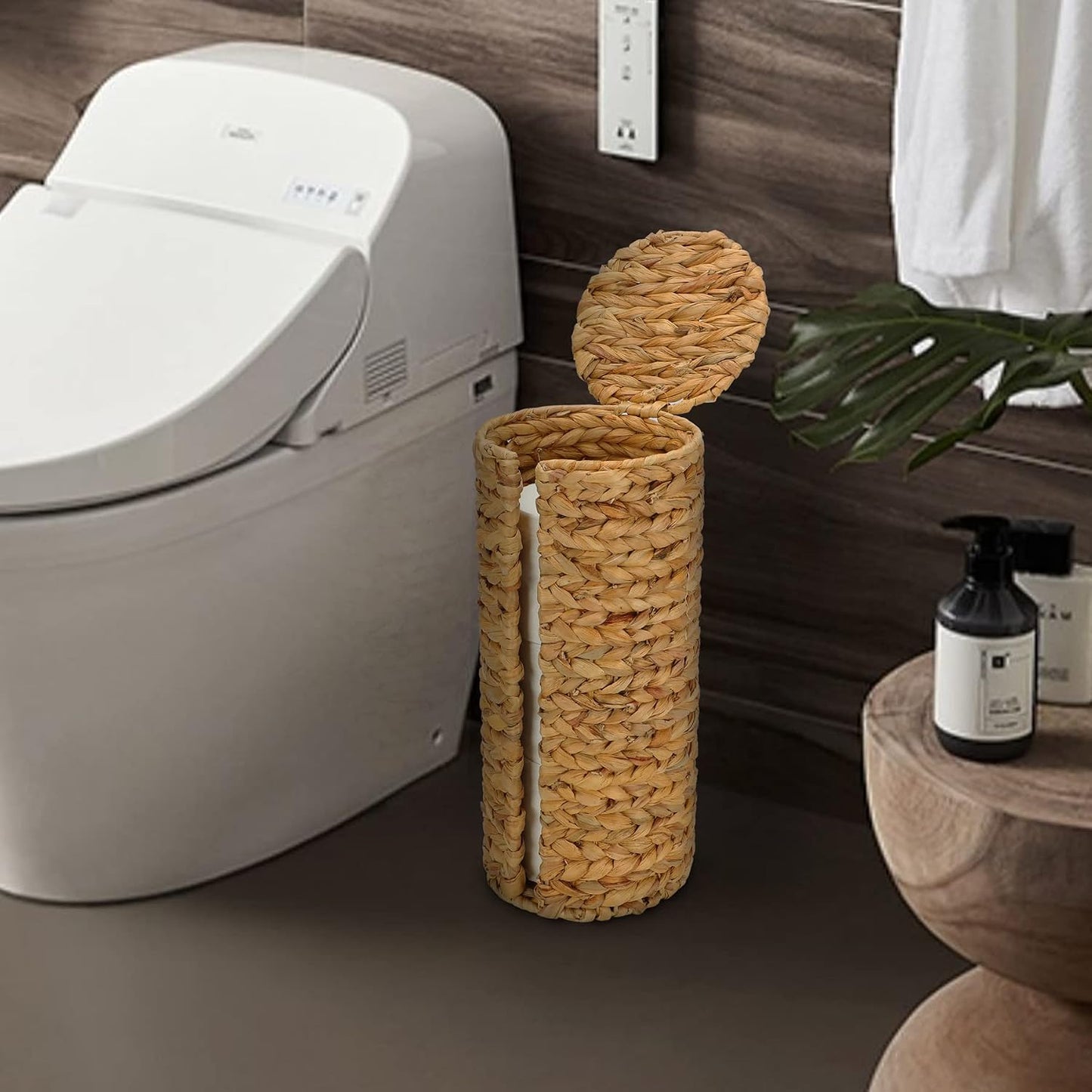 Graciadeco Stand Paper Storage with Lid Spare Extra 3 Rolls of Toilet Tissue Holder Free Standing Water Hyacinth Wciker