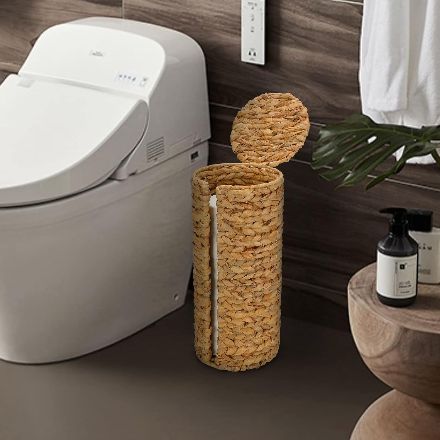 Graciadeco Stand Paper Storage with Lid Spare Extra 3 Rolls of Toilet Tissue Holder Free Standing Water Hyacinth Wciker