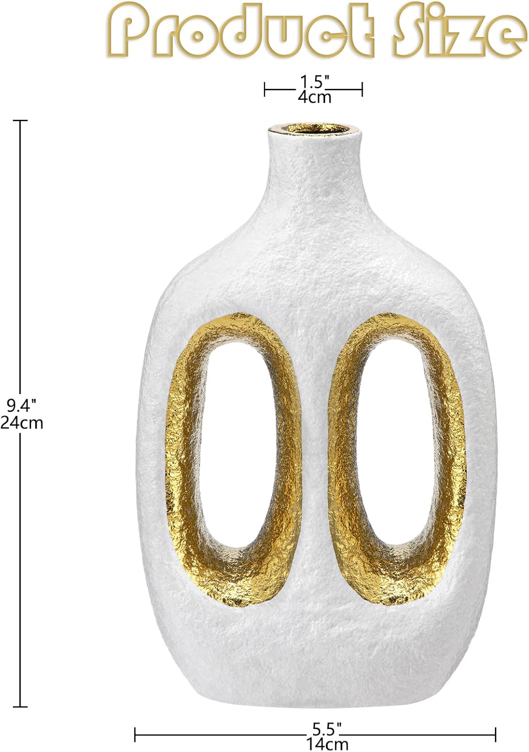 Modern Ceramic Vase Black Vases for Centerpieces Shelf / Double Hole / White + Gold / 9.4 Inch