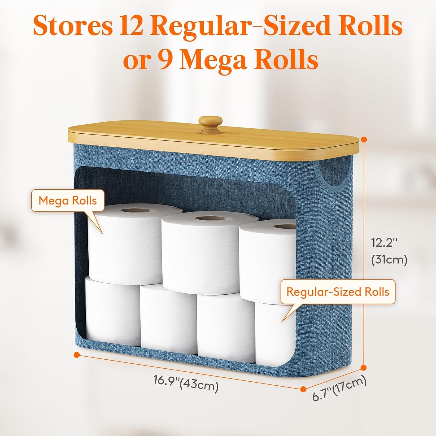 Lifewit Toilet Paper Storage Holder, Large Stand Basket, 23L, Dark Blue | 9 to 12 Rolls, Large Paper Stand with Bamboo