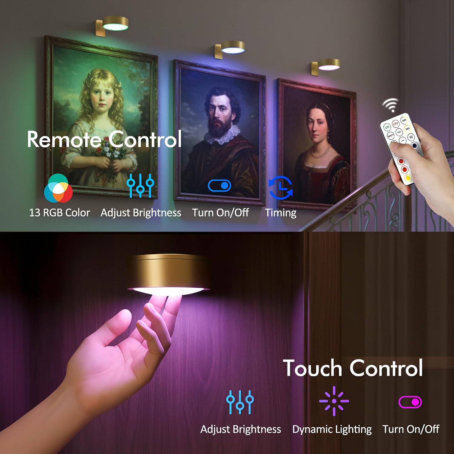 Picture Lights for Wall, Rechargeable Battery Wireless Poster Lights, Gold | LED Magnetic Painting Light with Remote