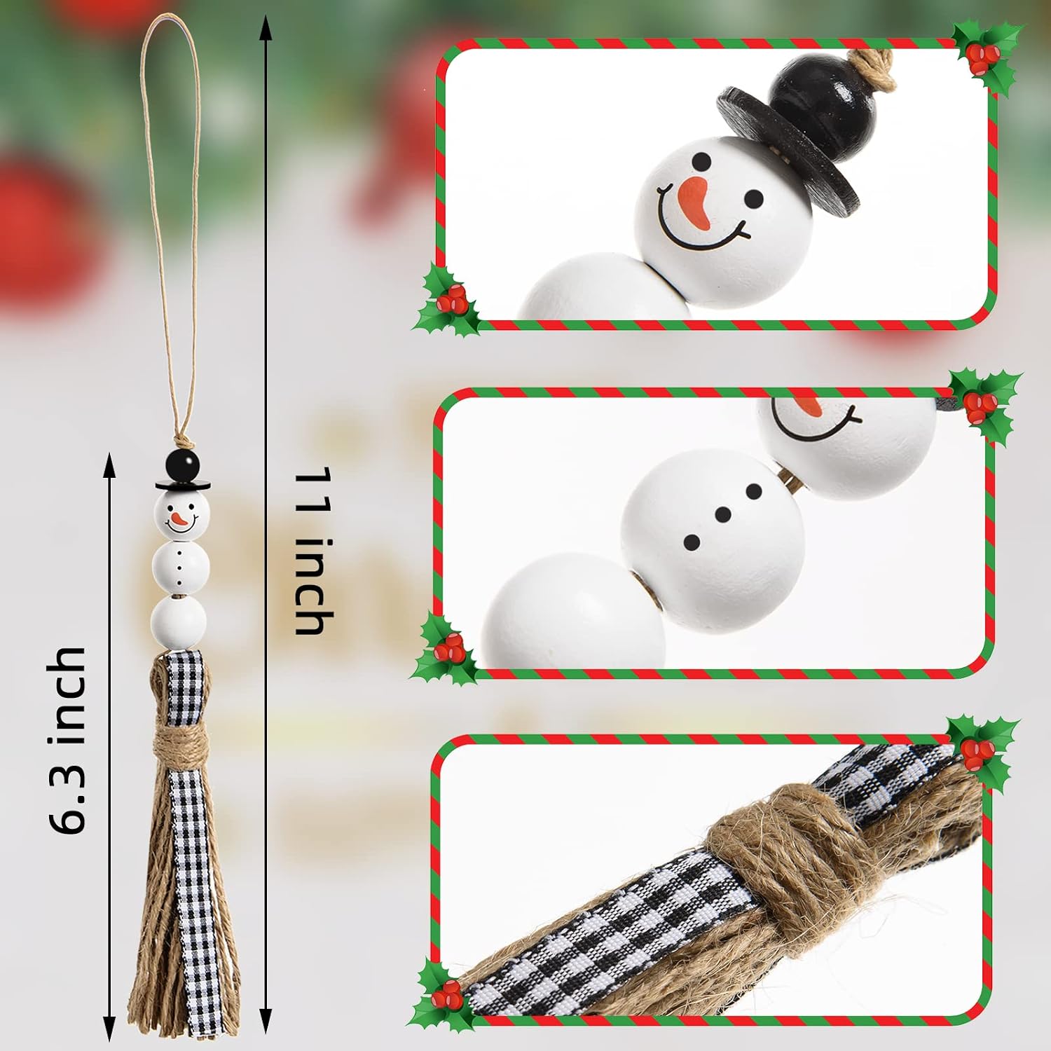 Snowman Wooden Beads Hanging Ornament Christmas Snowman Beads Garland / Black and White / Set of 12