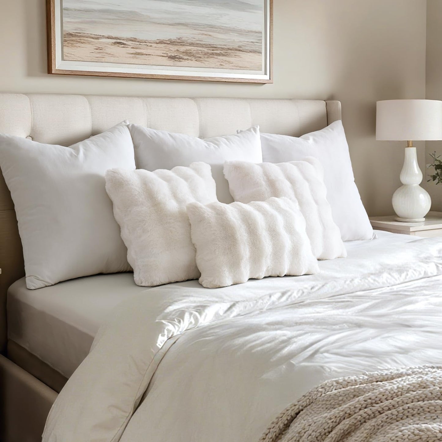 Faux Fur Pillow Covers Thick Soft Plush Throw Pillows Spring Home Decor / 18 x 18 / White / Set of 2