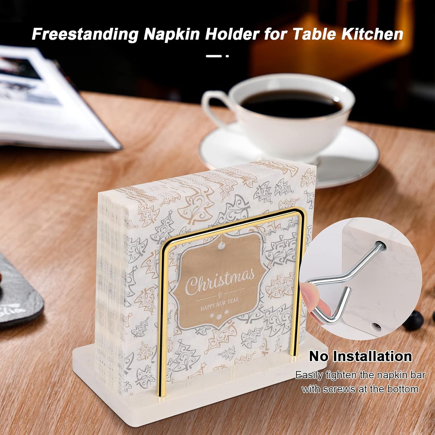 Napkin Holder / Metal Napkin Storage Modern Freestanding Tissue Paper Dispenser / Gold / Marble
